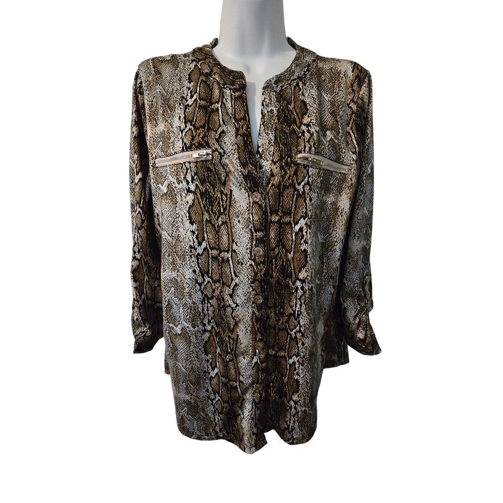 Always Indigo Snake Print Button Up Shirt Women's Medium M Zip Pockets /0142